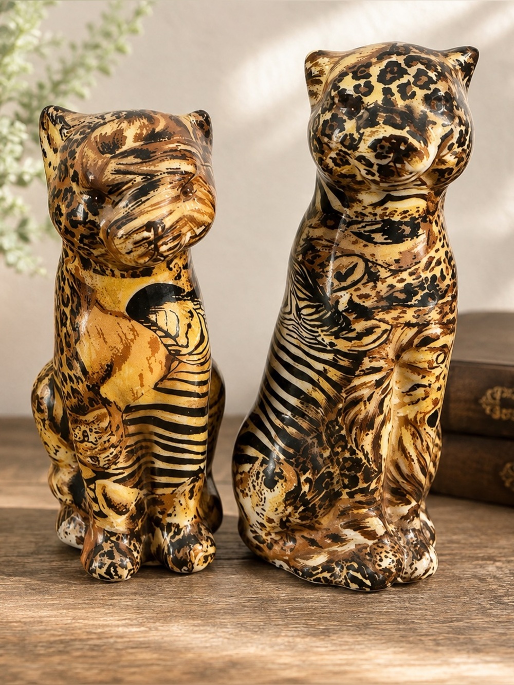La Vie Vintage African Safari Wild Cat Cheetah Leopard Animal Print Figurines